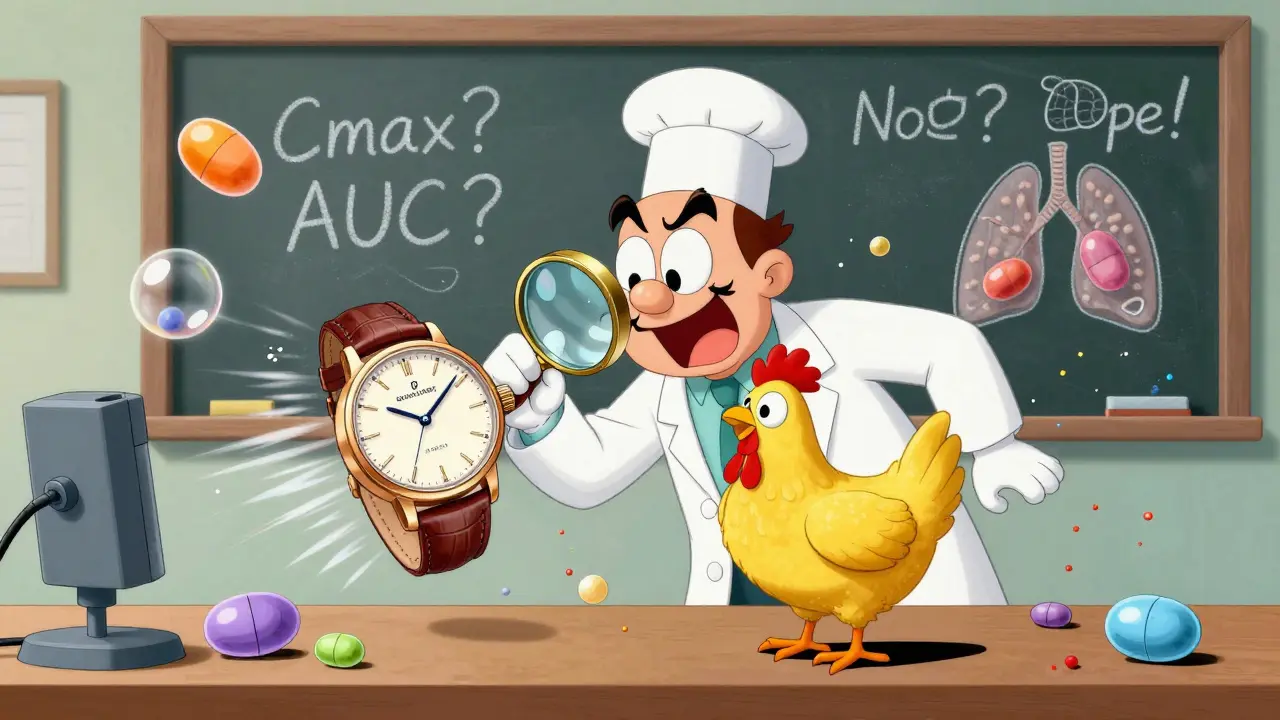 Mad scientist trying to copy a watch with cartoon nanoparticles and inhaler particles bouncing around.