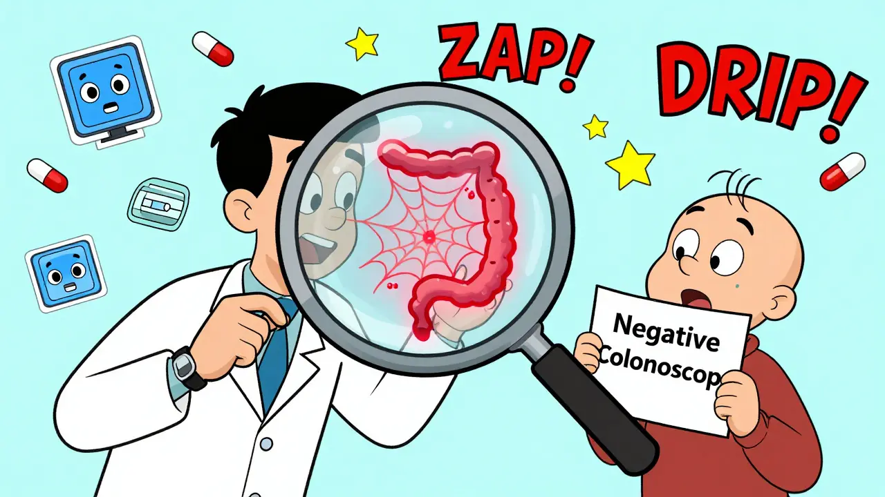 Medical detective using magnifying glass to find hidden angiodysplasia vessels