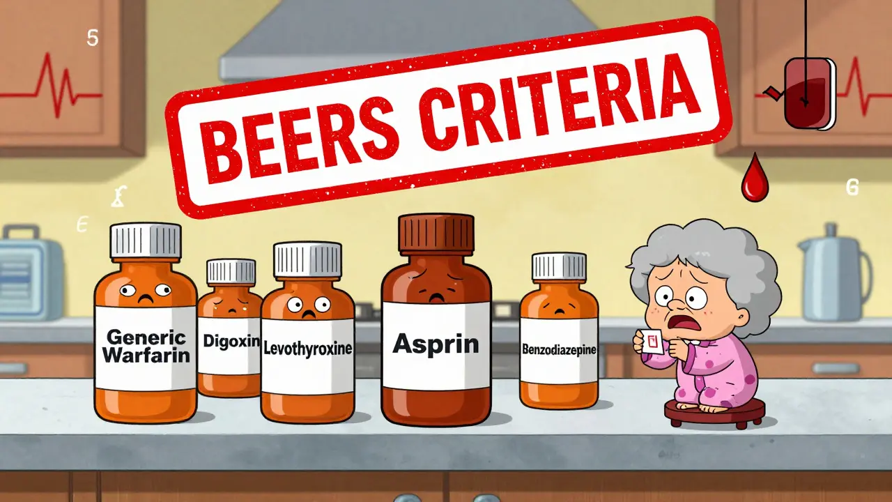 Older woman struggling to read medicine labels while dangerous drugs have cartoon faces.