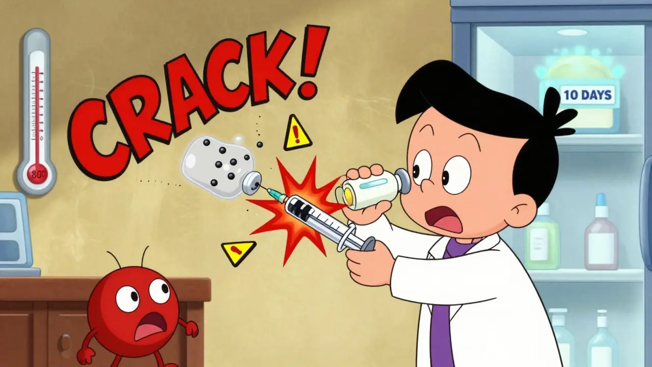 Parent using syringe as clavulanate molecules break apart in a warm kitchen.