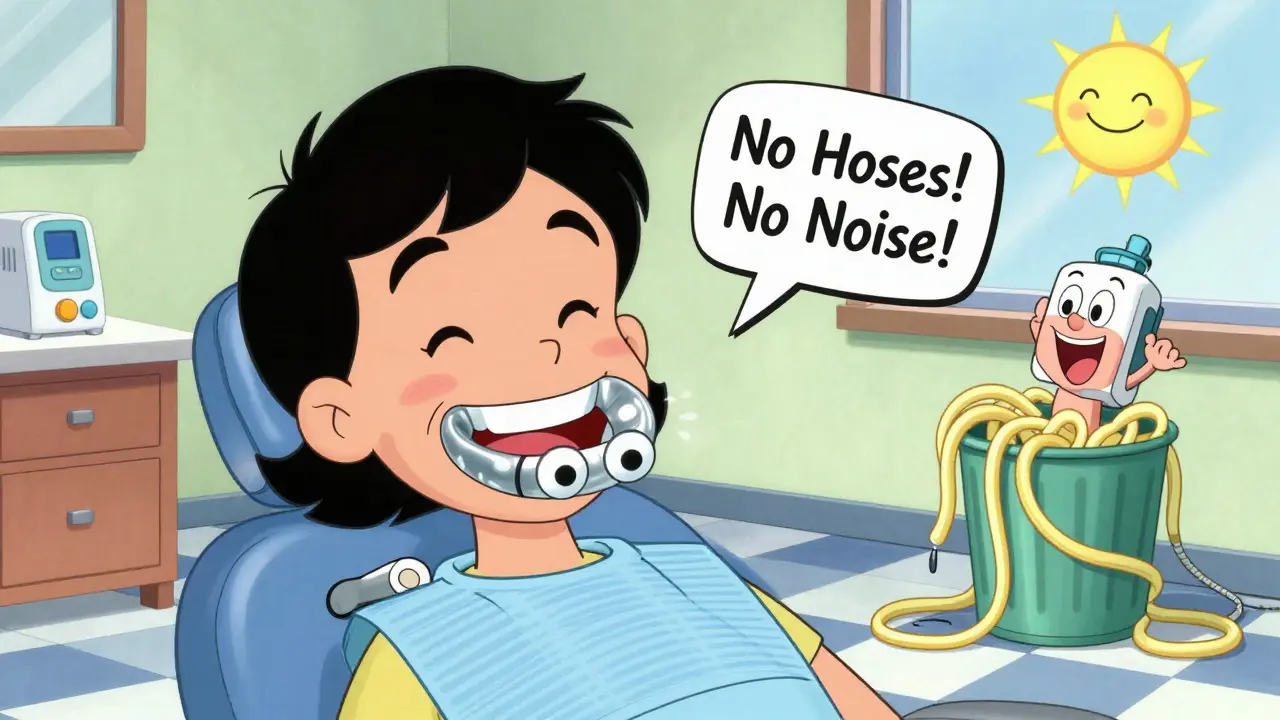 Patient smiling as a cartoon mouthguard appliance is inserted, while a messy CPAP machine is tossed away.