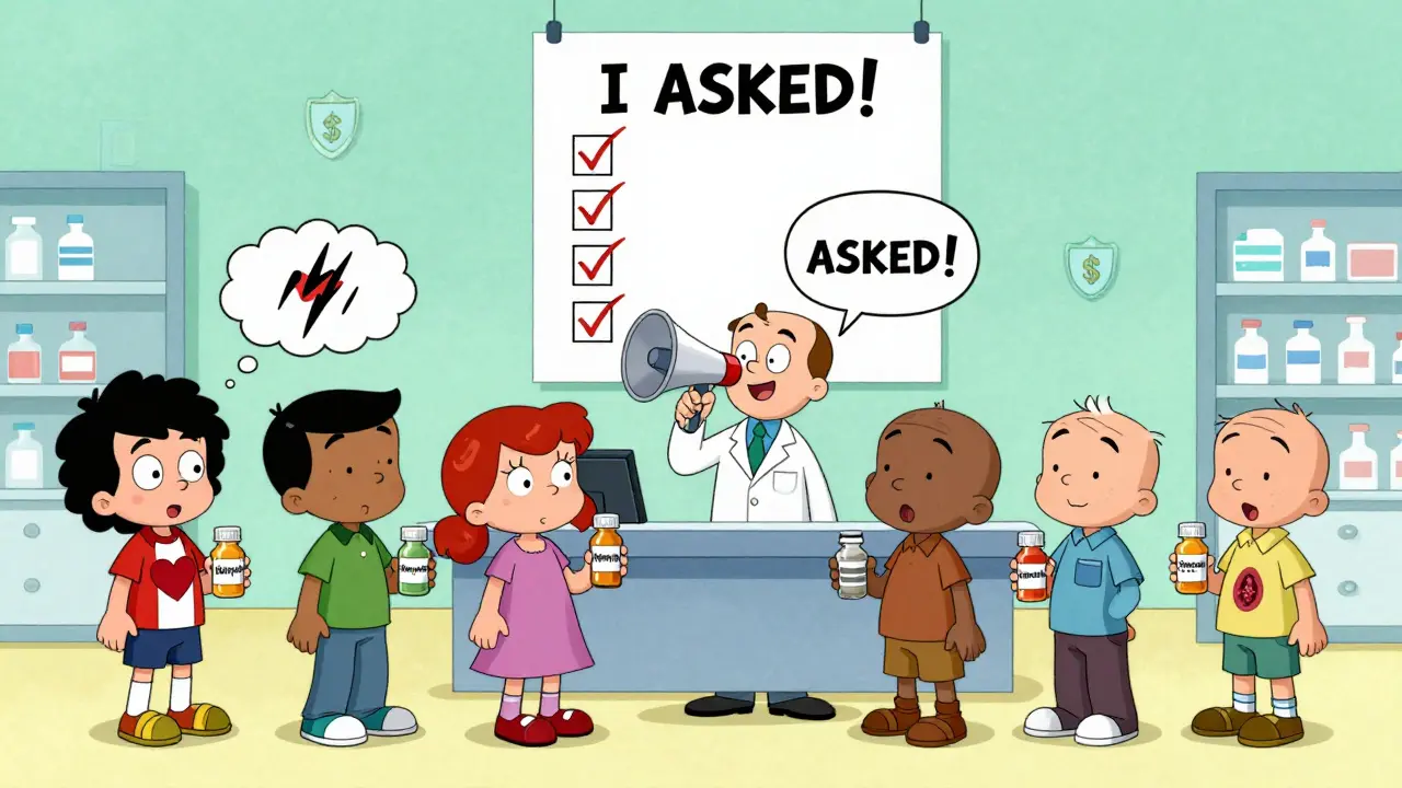 Patients holding high-risk generic pills, one with a seizure thought bubble, pharmacist using megaphone, cartoon style.