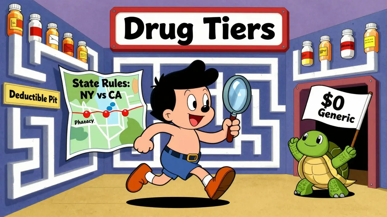 Person navigating a drug tier maze while avoiding cost traps, guided by state rule map.