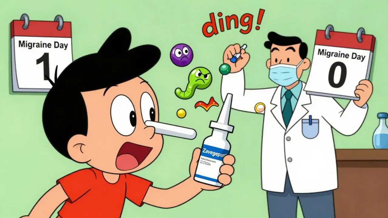 Person using nasal spray as angry CGRP molecules run away, doctor holds monthly injection vial