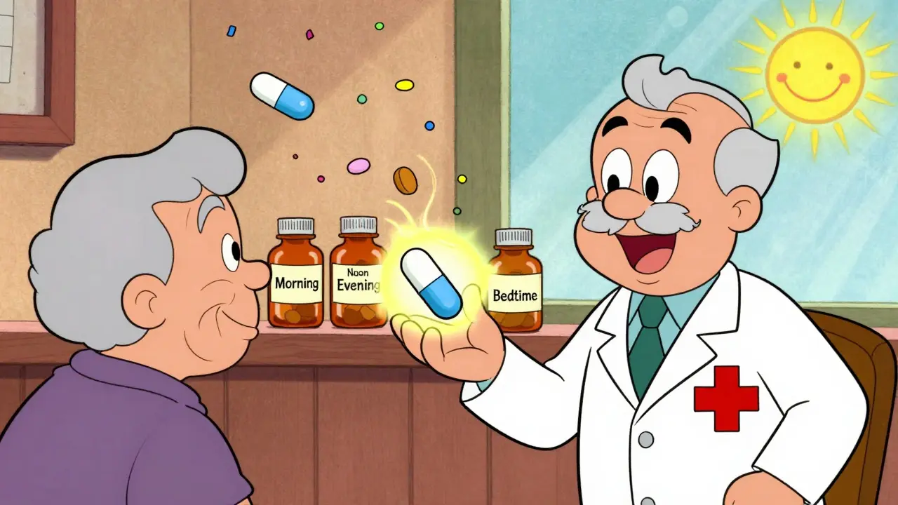 Pharmacist gives one large pill to patient as old bottles disappear in confetti.