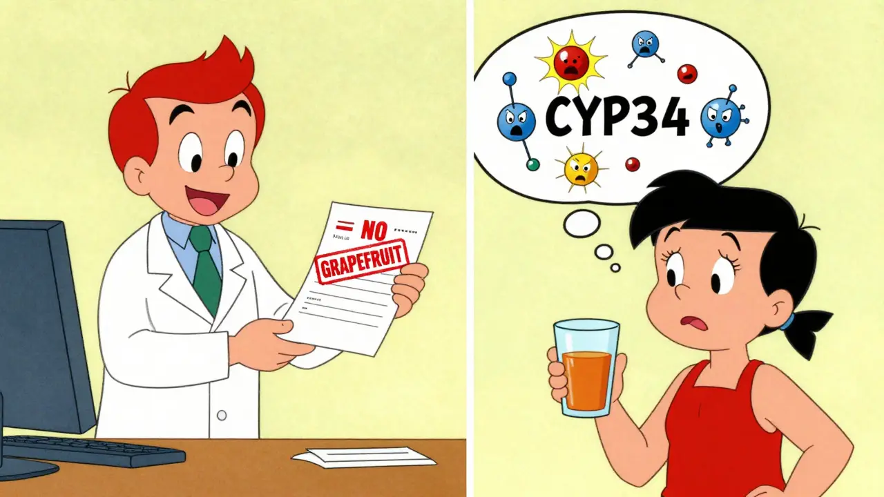 Pharmacist gives prescription with grapefruit warning, patient confused with exploding enzyme visuals.