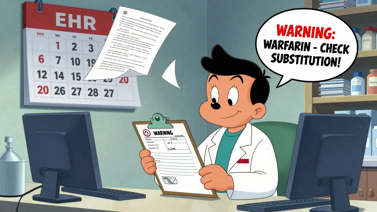 Pharmacist receiving an EHR alert for warfarin substitution while holding a consent form, cartoon style.