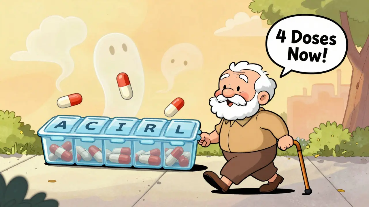 Senior walks confidently with a pill organizer as old meds fade away in the background.