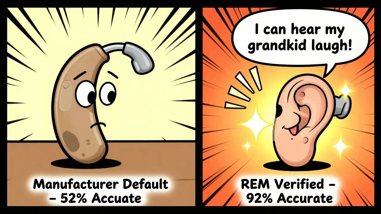 Side-by-side cartoon comparison: unhappy hearing aid vs. happy, verified one with sparkles and speech bubble.