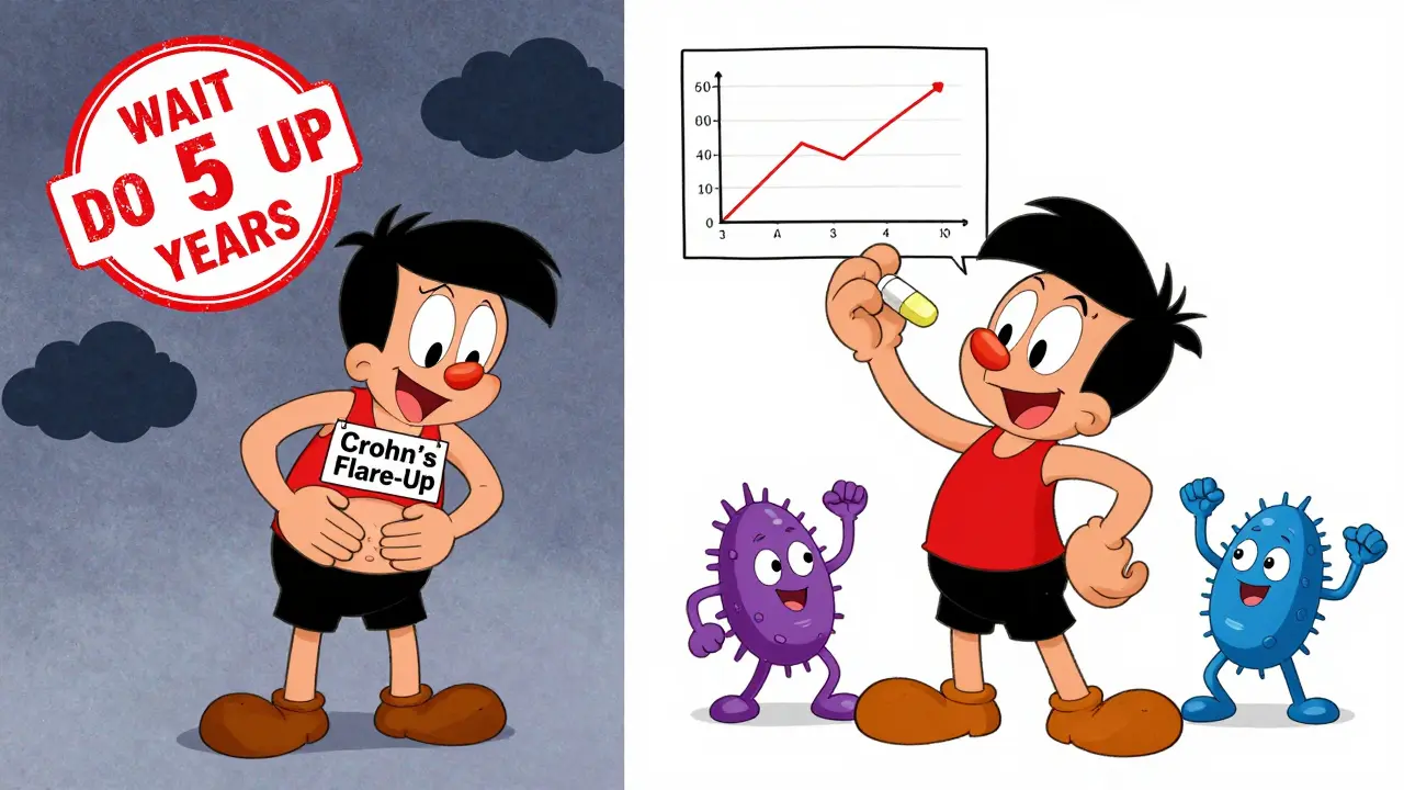 Split scene: pained patient with 'Wait 5 Years' stamp vs. happy patient with flat recurrence graph.