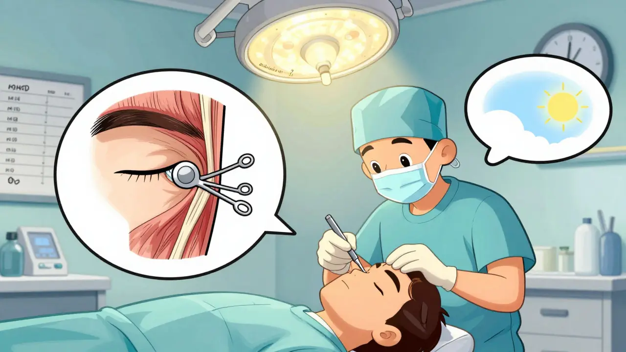 Surgeon performing eyelid surgery with a cartoon diagram showing eyelid connected to forehead muscle.