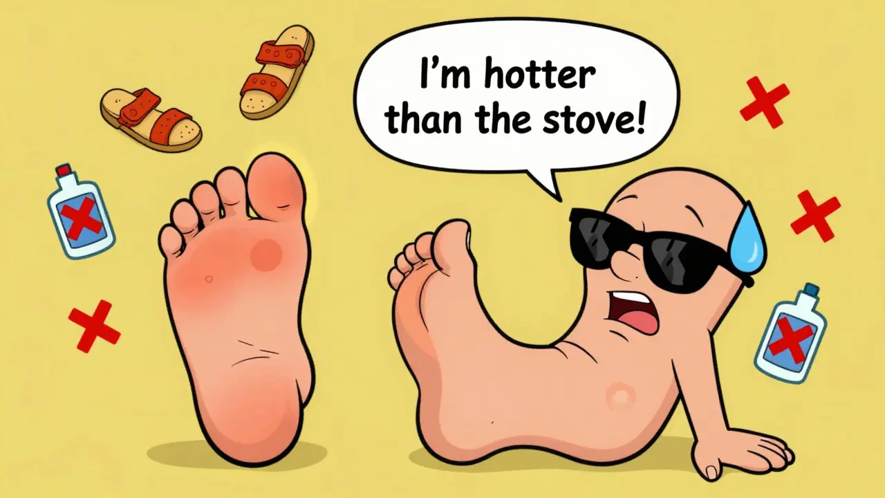 Two feet side by side showing warning signs, with icons of unsafe practices crossed out.