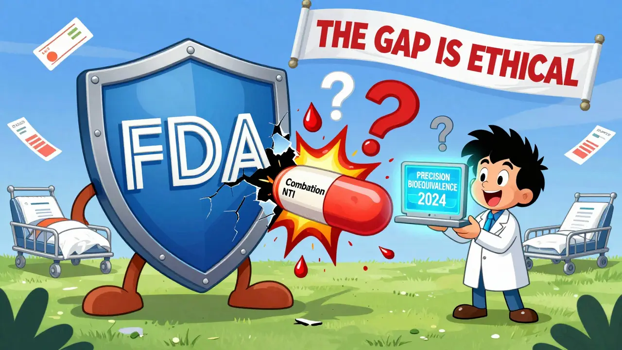 Two generic NTI pills explode into question marks and hospital gurneys while a scientist points to a 2024 bioequivalence screen.