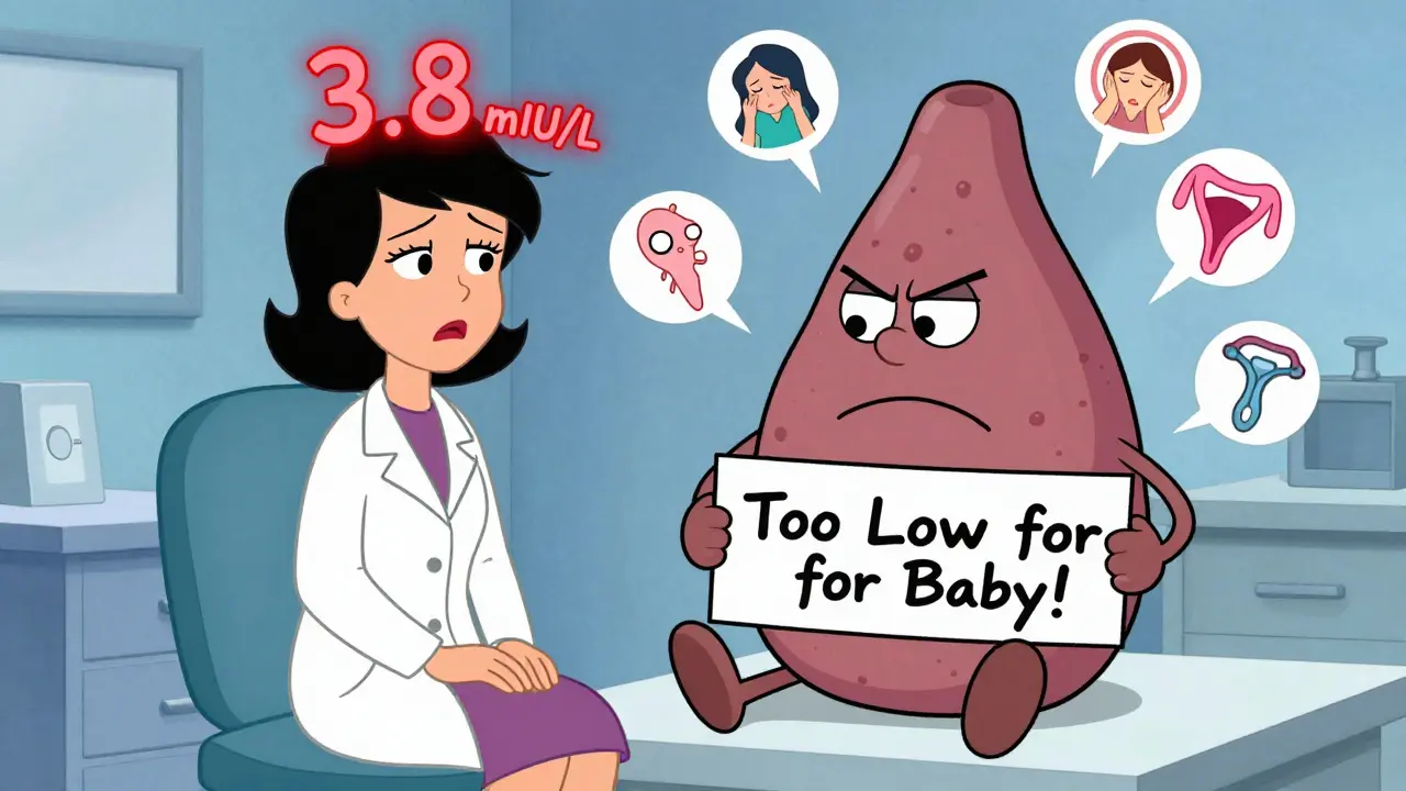 Woman in doctor’s office with a high TSH reading of 3.8, a frowning thyroid on the table.