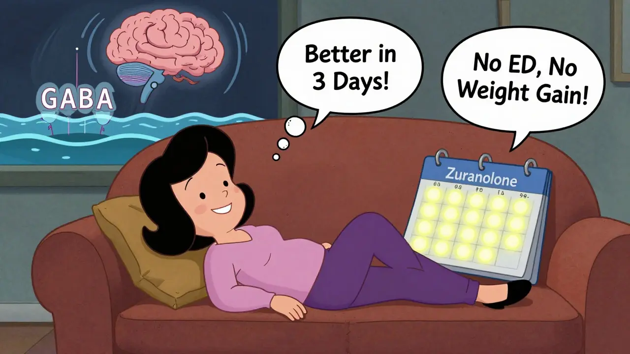 Woman on couch with 14-day Zuranolone calendar, calming brain waves, side effect icons disappearing.