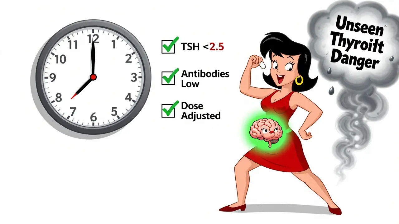 Woman taking thyroid medication, healthy thyroid and baby brain glowing above her belly.