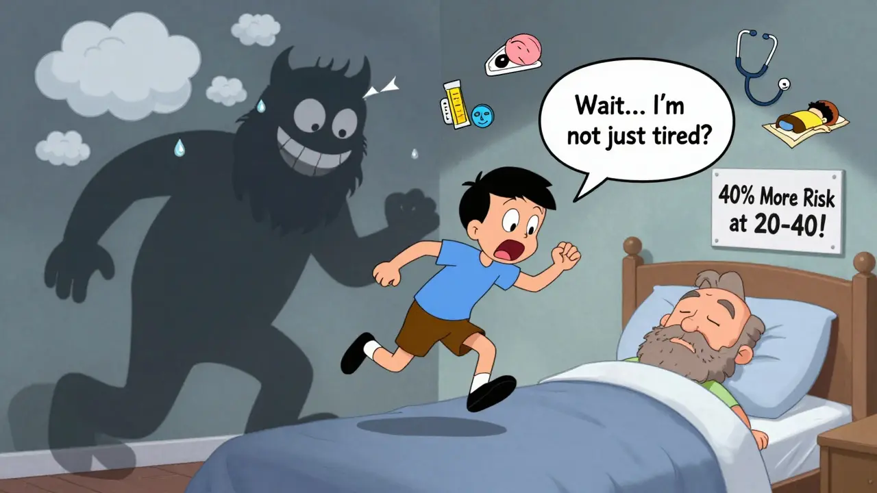 Young man startled as sleep apnea monster rises from his shadow, older man sleeps peacefully.