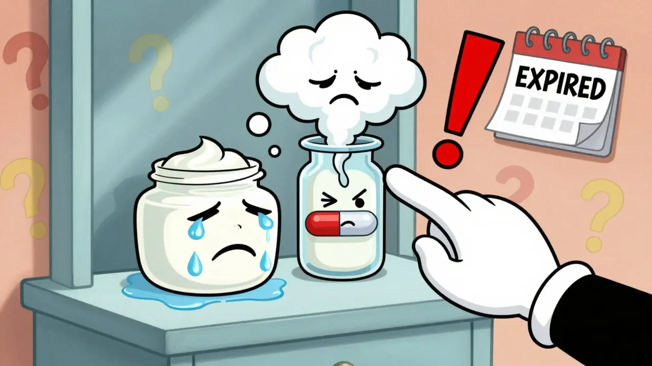 A medicine cabinet with a cream jar leaking oil and water, showing signs of separation.