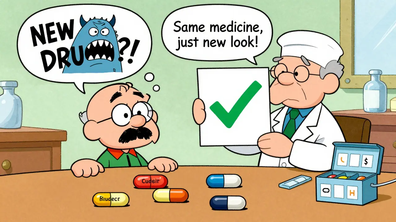 An elderly man confused by changing pill shapes, with a pharmacist showing him a photo comparison to reassure him.