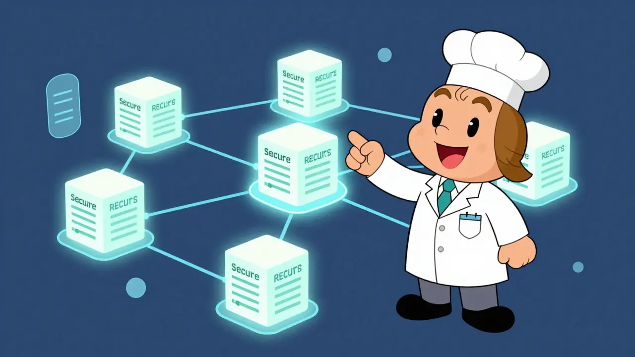 Blockchain technology securing drug substitution records with interconnected nodes.