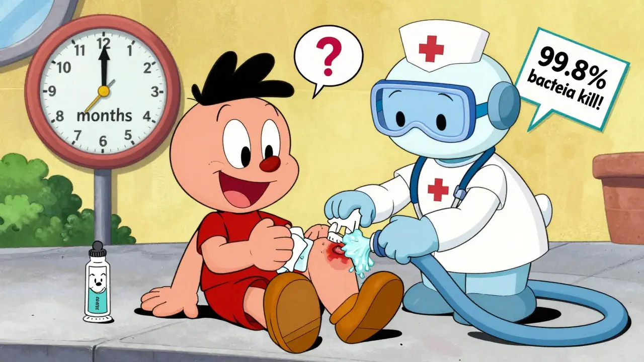Cartoon person getting first aid with antiseptic wipe and water rinse, smiling while a clock shows 12 months.