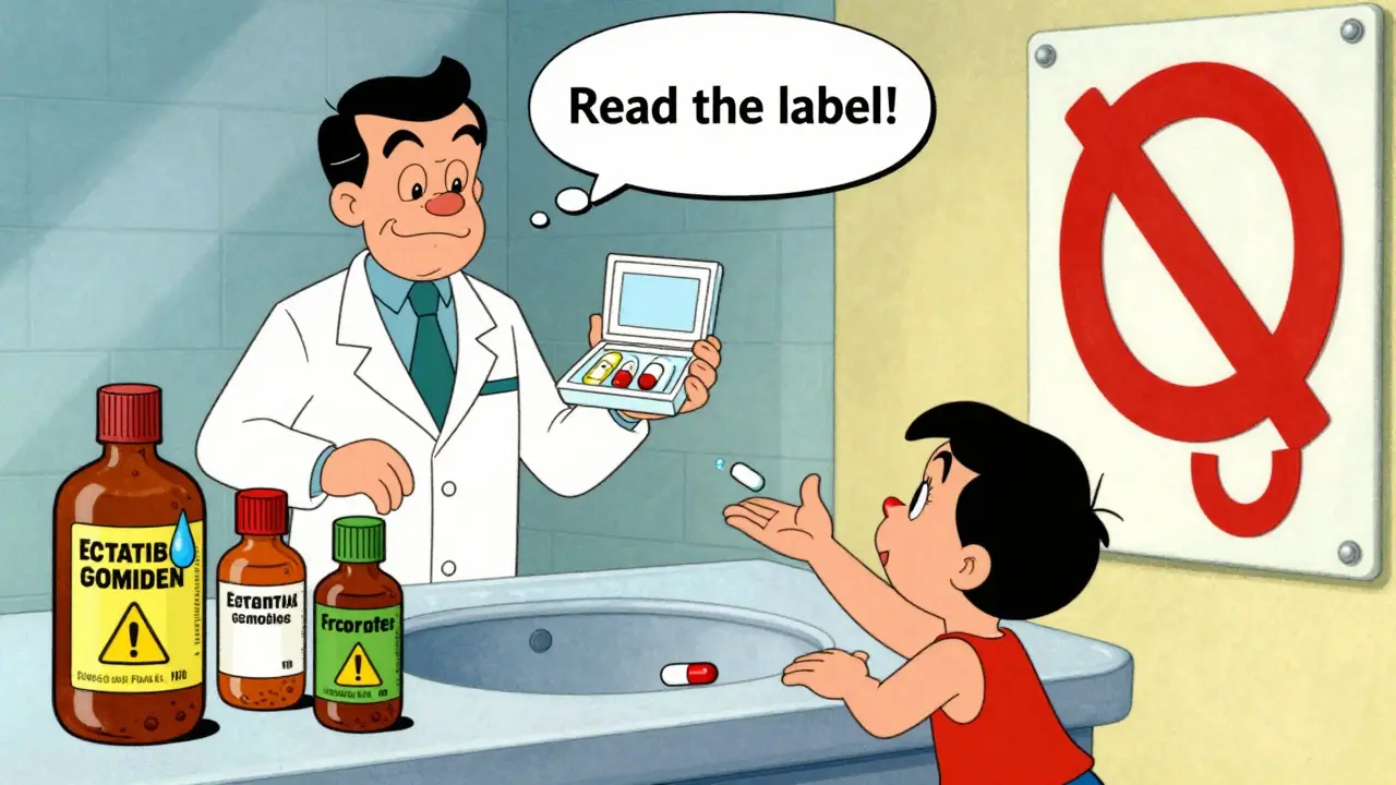 Cartoon pharmacist holding simple first aid kit while expired meds explode in the background with warning signs.