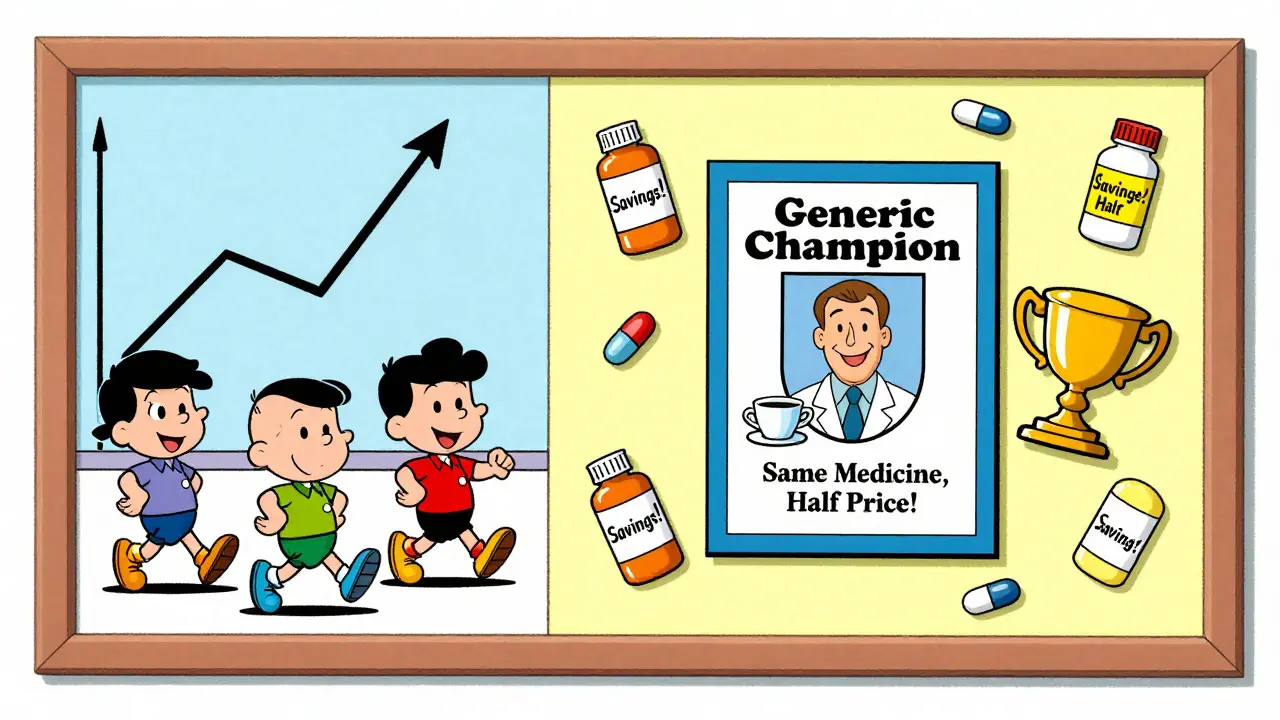Clinic bulletin board with a 'Generic Champion' award, coffee cup trophy, and rising savings graph in vibrant cartoon style.