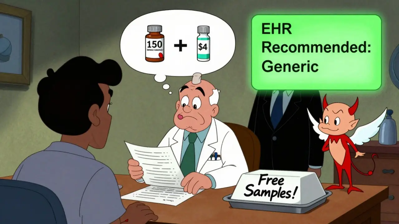 Doctor torn between a costly brand-name pill and a cheap generic, with a shadowy rep offering lunch as an EHR overrides it.