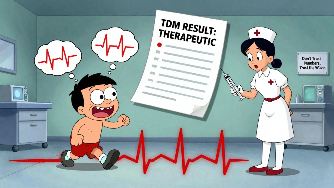 Emergency room scene with patient surrounded by floating ECG spikes and a lab report saying 'therapeutic' while a nurse prepares sodium bicarbonate.