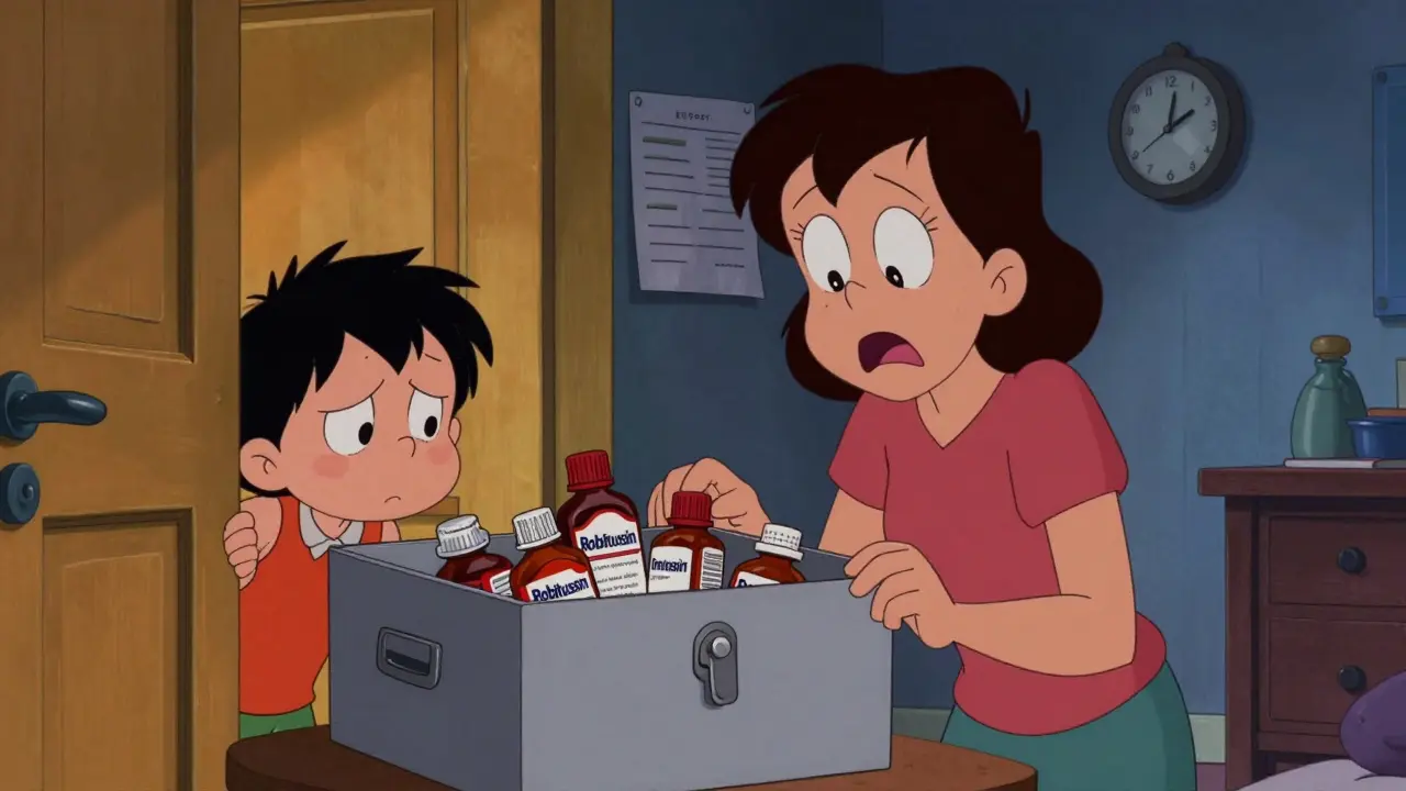 Parent discovers hidden OTC drug bottles while teen hides in shame.