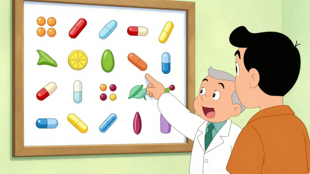 Pharmacist explaining pill differences with visual chart in pharmacy