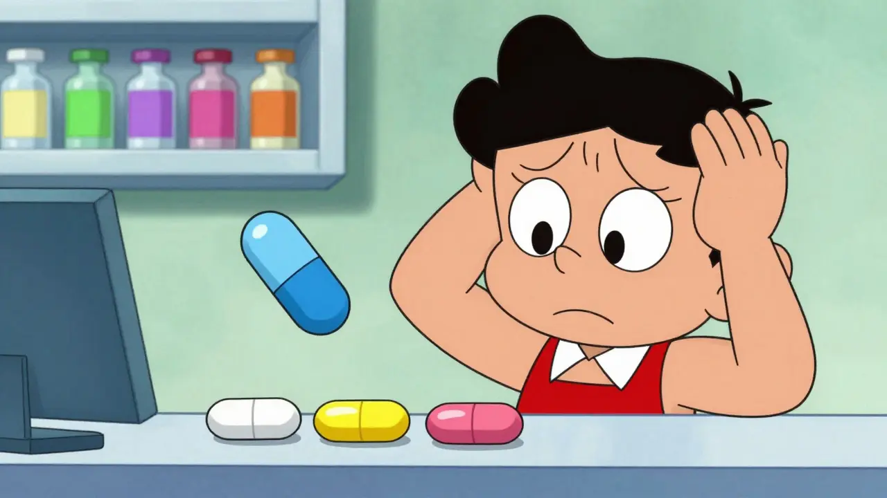 Pharmacist showing different colored generic pills to confused patient