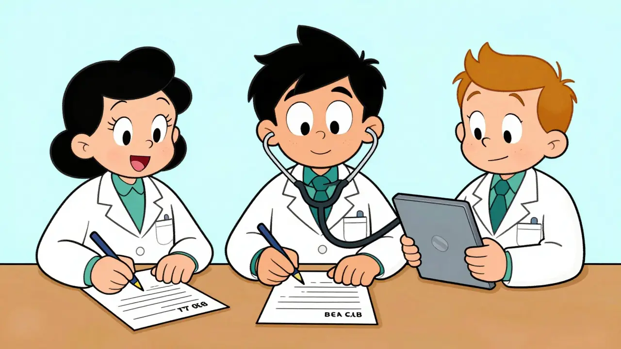 Pharmacists using distinct documentation methods for state-specific generic substitution rules.