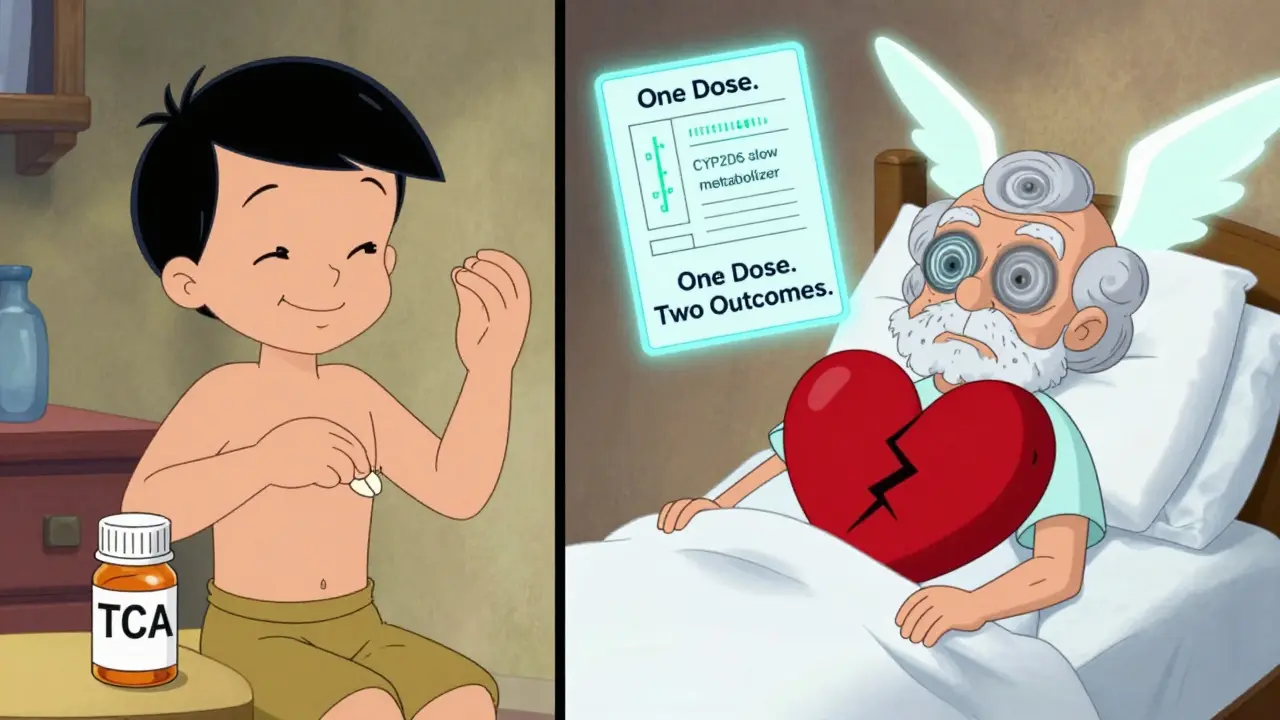Split scene: young person ignoring TCA pill vs. elderly patient with anticholinergic effects and genetic code highlighting slow metabolism.