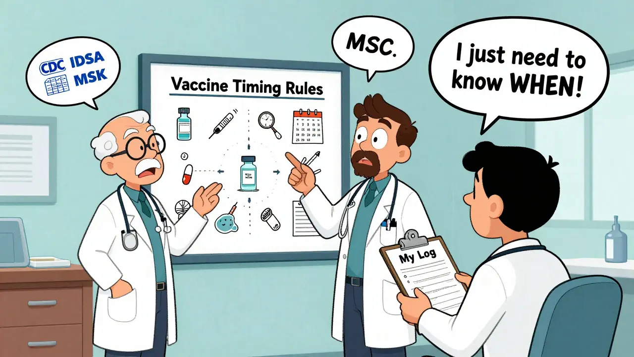 Three doctors arguing over a vaccine timing chart while a patient holds a personal log with vaccine and medication notes.