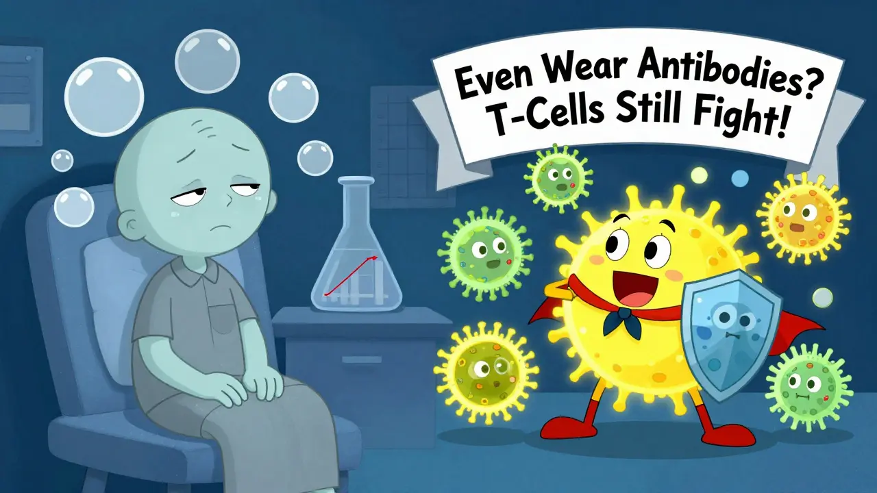 Two versions of a person: one with empty antibody bubbles, another with T-cell soldiers fighting viruses to show hidden immune protection.