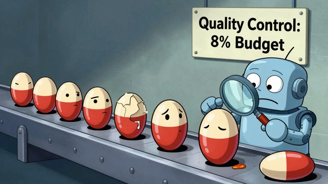 A conveyor belt of defective generic pills with different flaws, inspected by a clumsy robot arm.