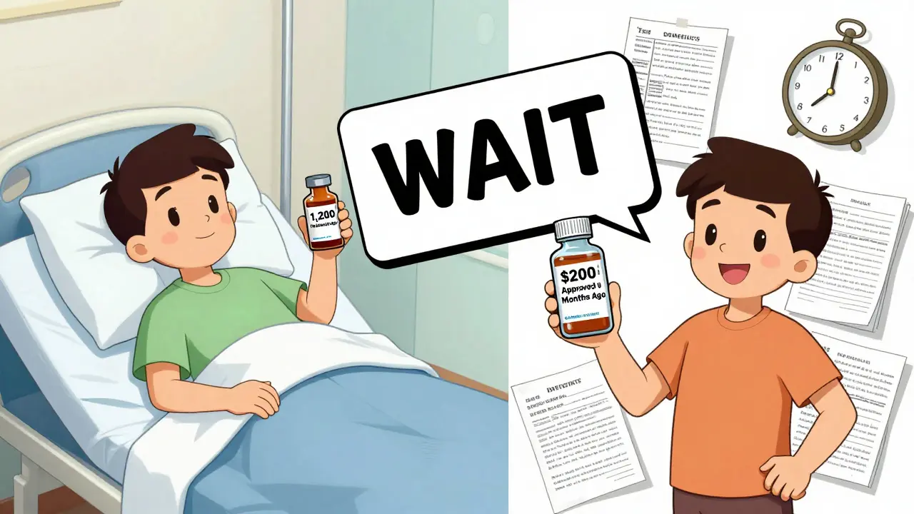 A patient faces two insulin bottles — one expensive, one cheap — separated by a giant 'WAIT' sign made of patents and a clock.
