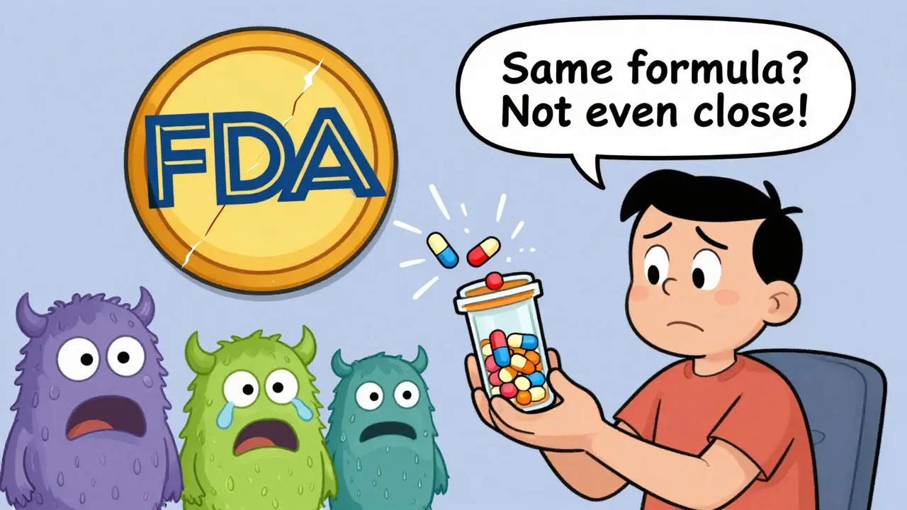 A patient holding a bottle of pills that turn into wobbly monsters, symbolizing inconsistent drug quality.