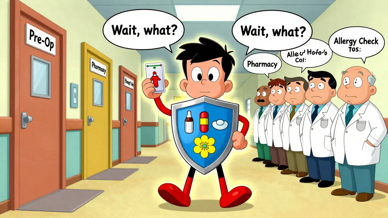 A patient proudly displays a medical alert card shaped like a shield while doctors look surprised in a cartoon clinic.