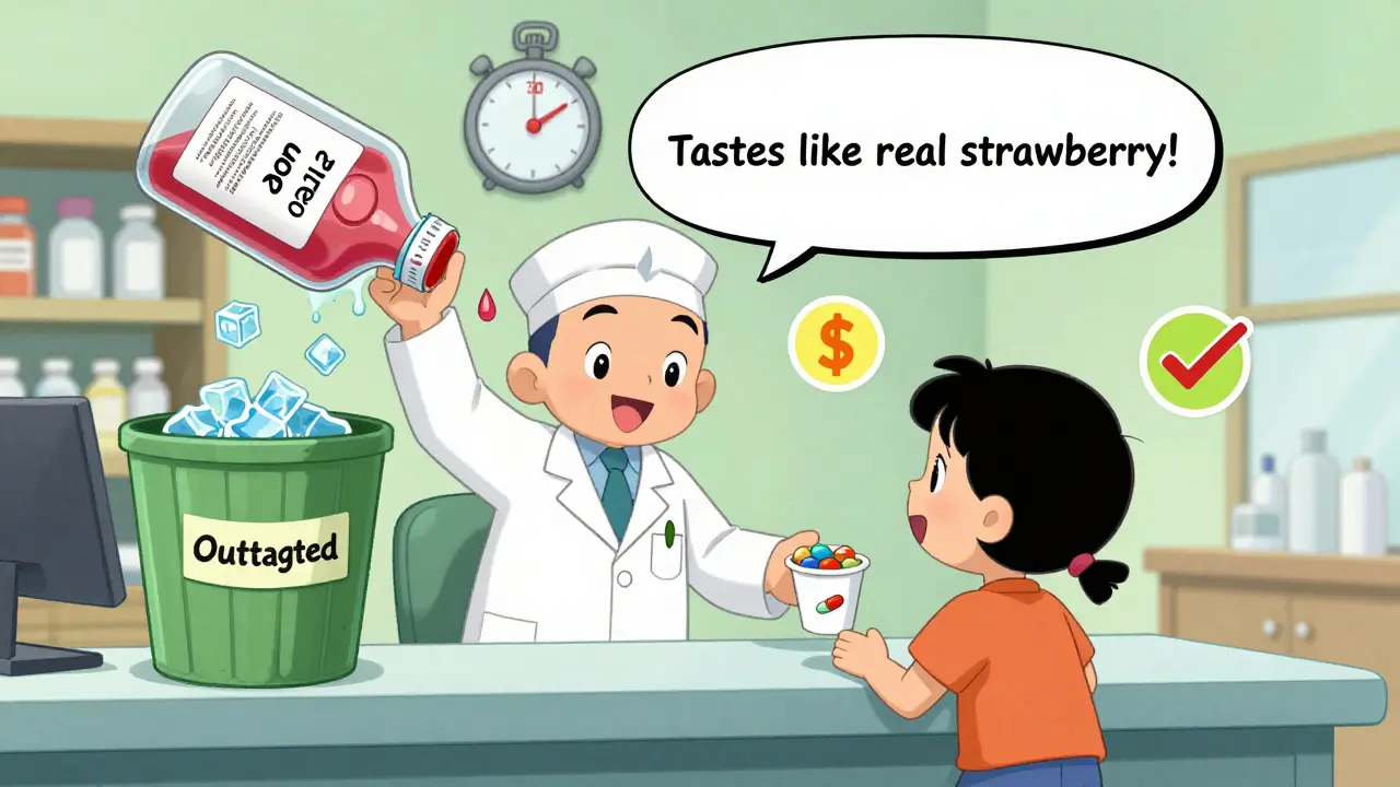 A pharmacist giving a child a flavored mini-tablet while a leaking liquid bottle is thrown away in a cartoon pharmacy.