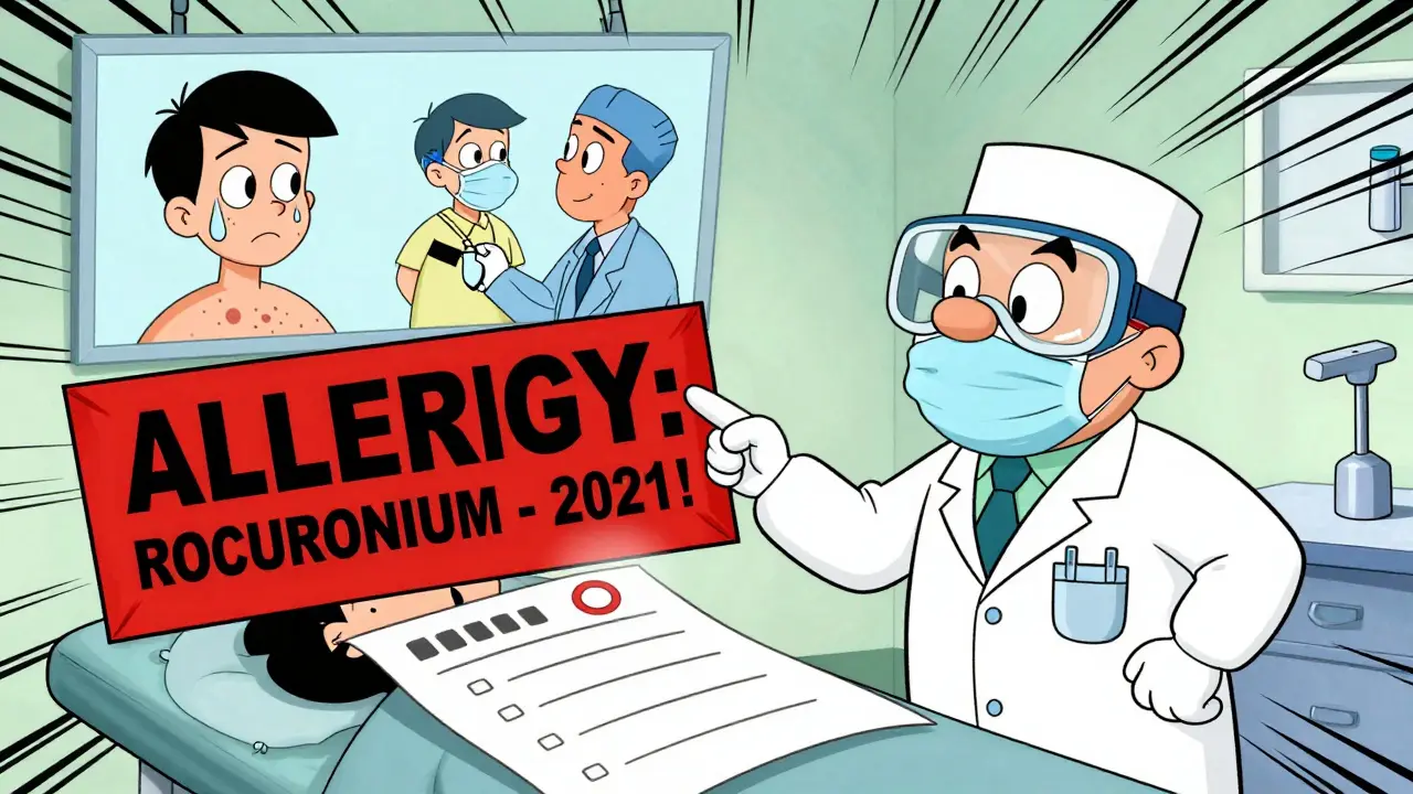 A red allergy alert flashes above an operating table as an anesthesiologist points to a drug reaction history.
