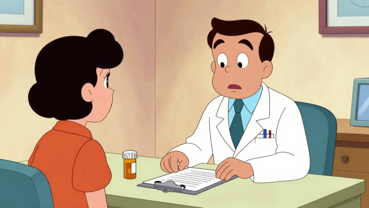 Cartoon doctor speaking with patient at office desk with medical tools