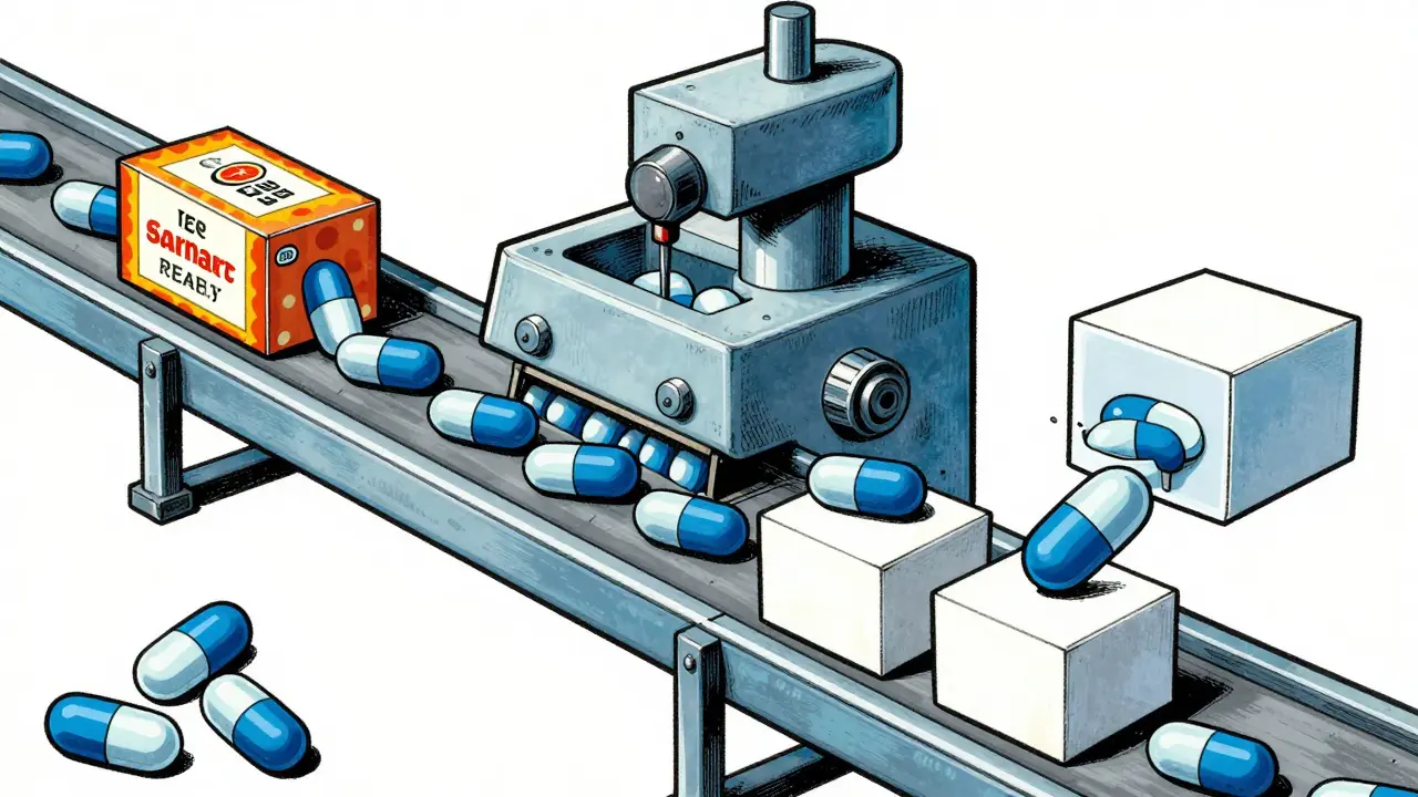 Cartoon factory line producing identical pills with different labels.