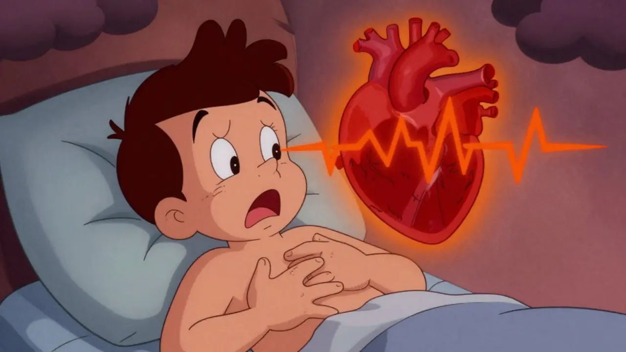Cartoon patient clutching chest with glowing heart showing rapid heart rate