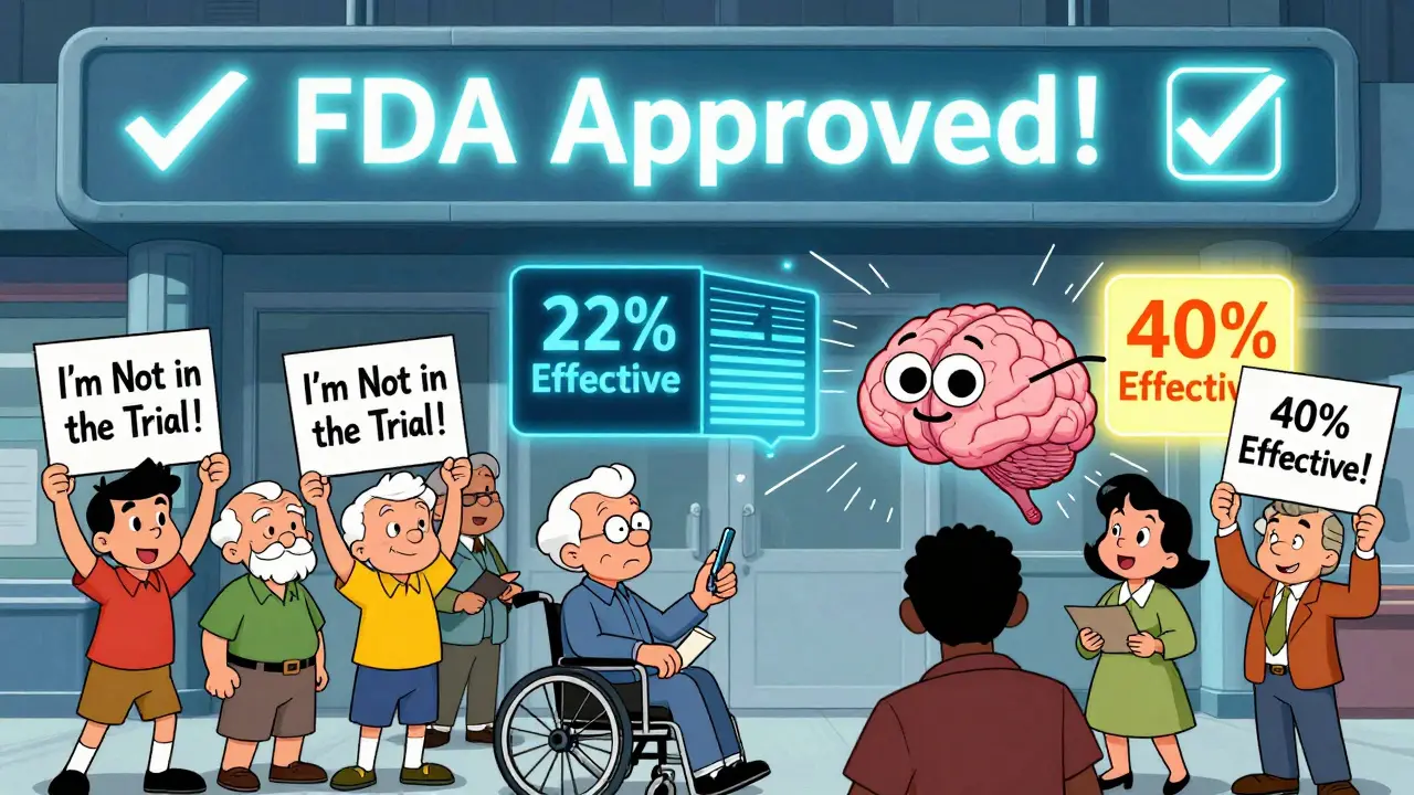 FDA-approved sign above diverse patients holding signs, with AI analyzing conflicting efficacy data.