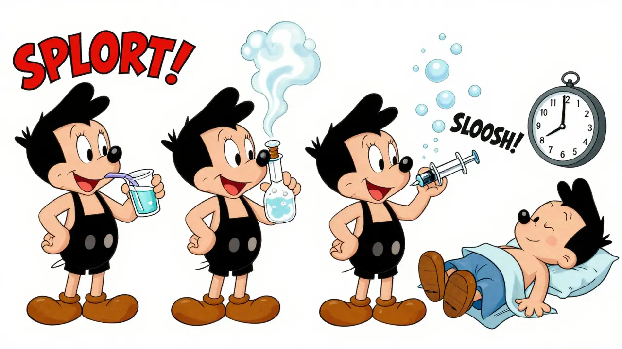 Four characters using different earwax softeners in a vibrant, 1960s cartoon style.
