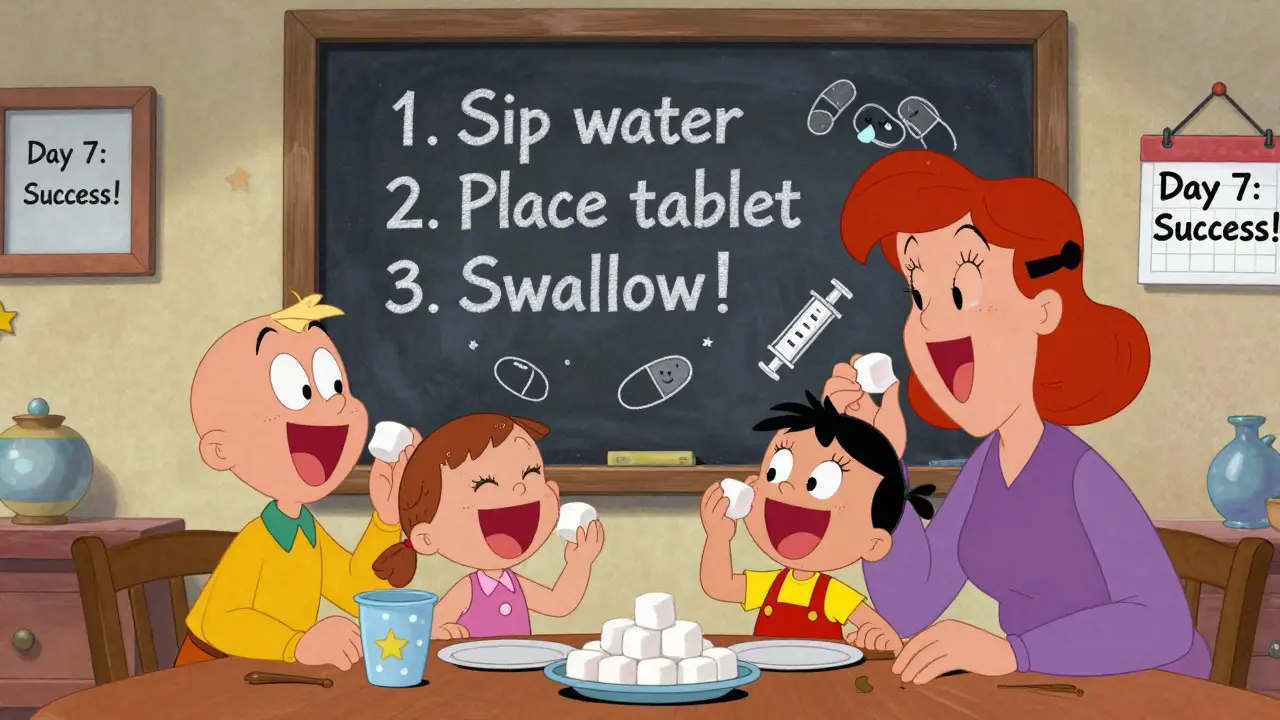 Parents teaching kids to swallow pills using marshmallows in a fun game, with a step-by-step chalkboard diagram in the background.