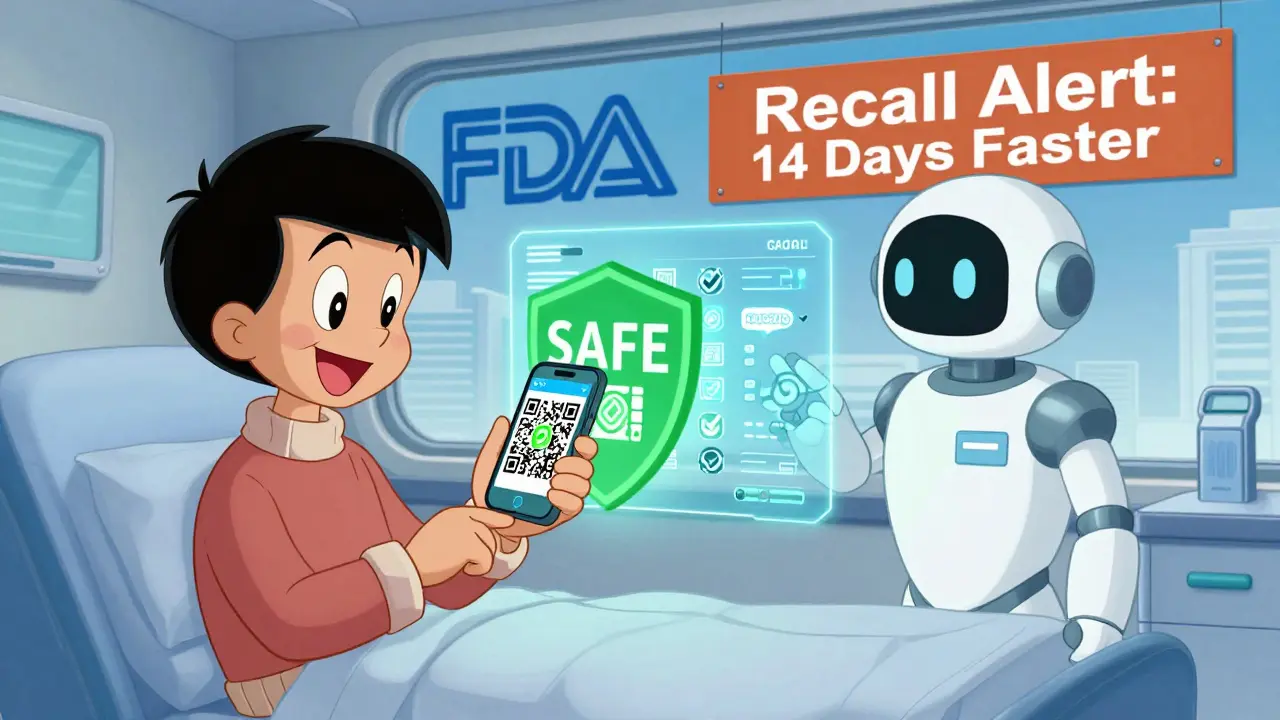 Patient scanning implant card with phone, hologram shows safe pacemaker and blockchain verification