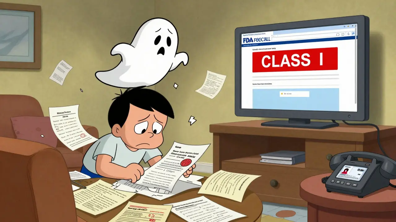 Patient searching through clutter while lost implant card floats above, TV shows FDA recall alert